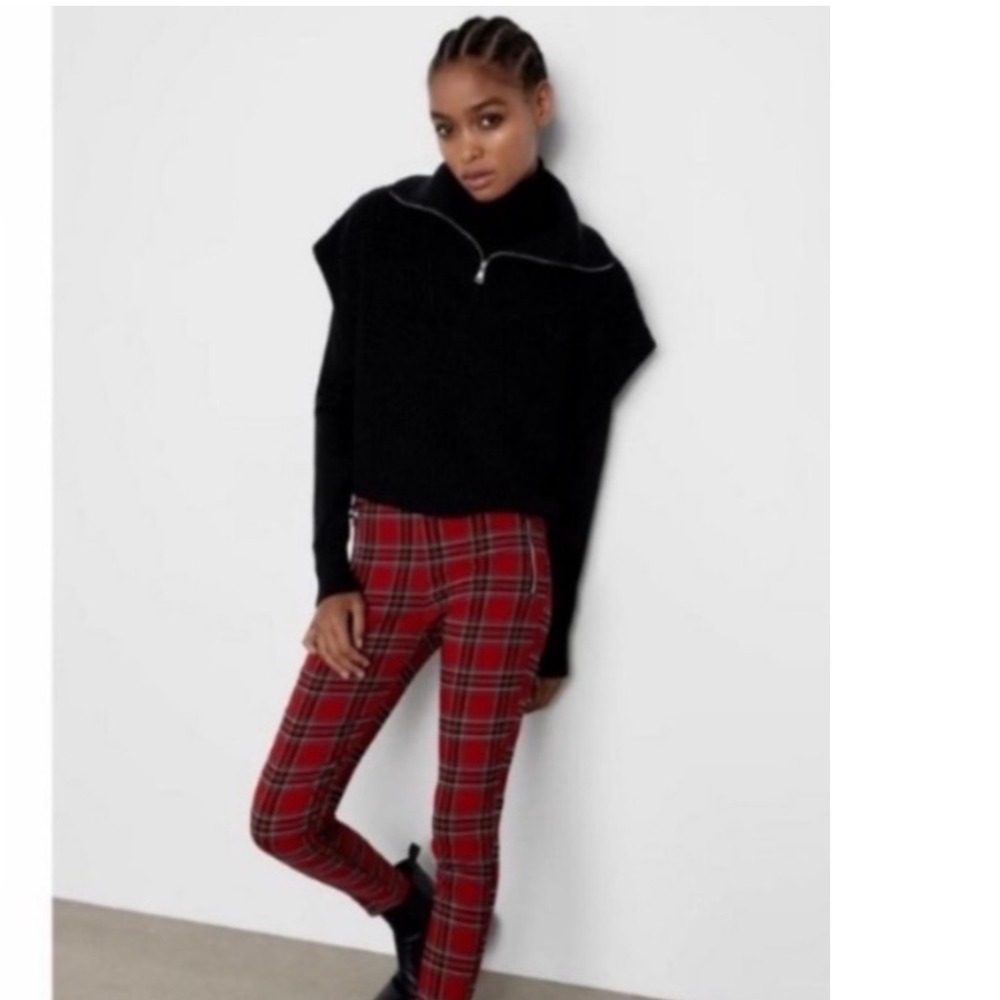 Zara Womens Red Tartan Plaid Skinny Trousers High Waist Zipper Academia Core M